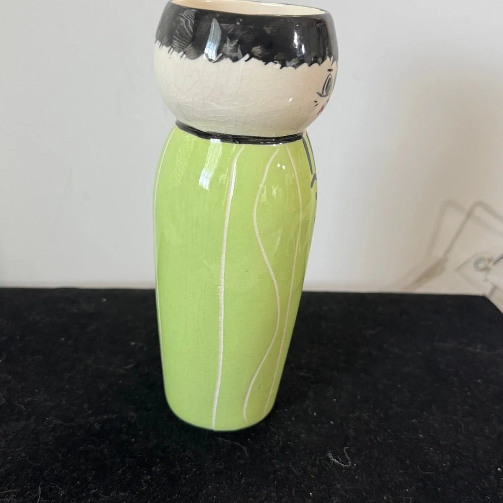 Hand-Painted Green Ceramic Painted Asian boy Vase